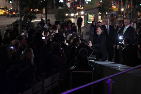 Tim Burton greets fans outside ACMI.