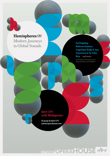 Hemispheres 09 identity, Sydney Opera House, 2008 Campaign graphics for a season of world music.
