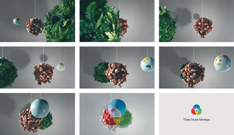 Three Drunk Monkeys identity. Three Drunk Monkeys, 2009. A trademark and motion identity spot for an advertising agency.
